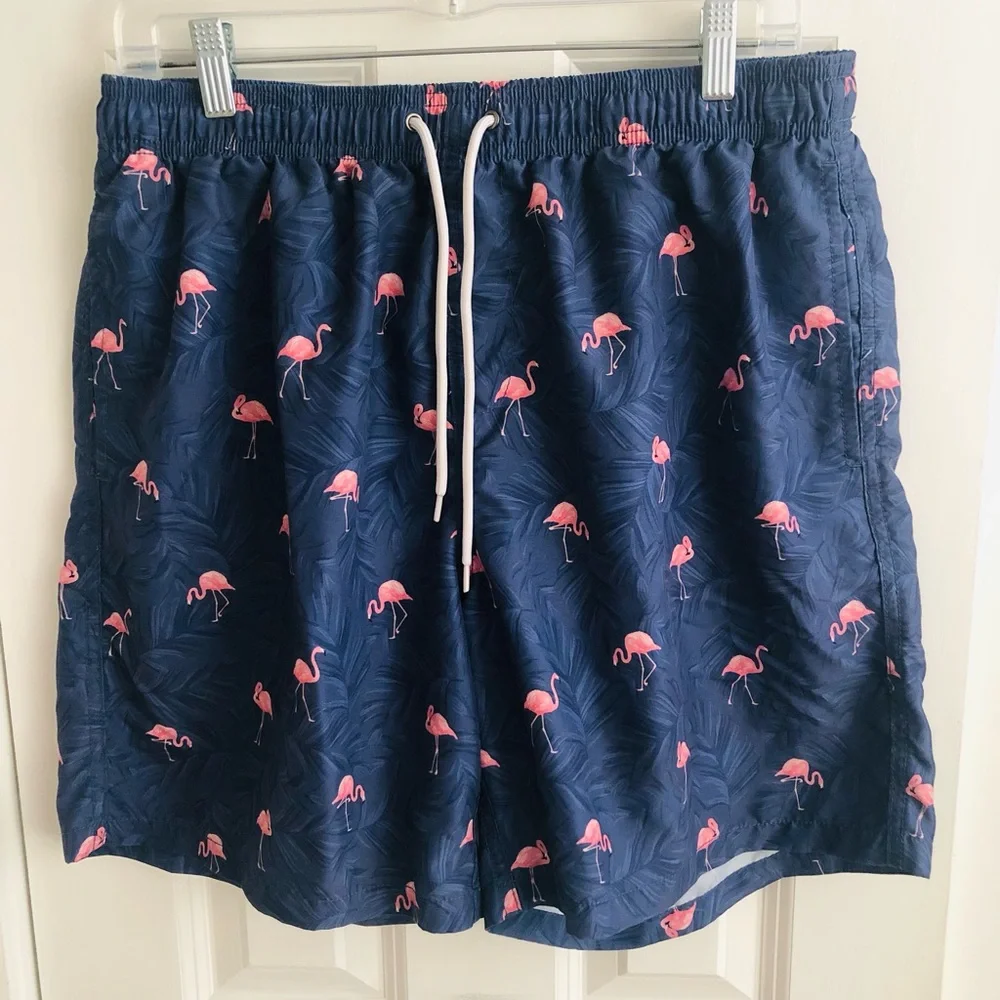 SHEIN Navy Blue Flamingo-Print Swim Trunks with White Drawstring